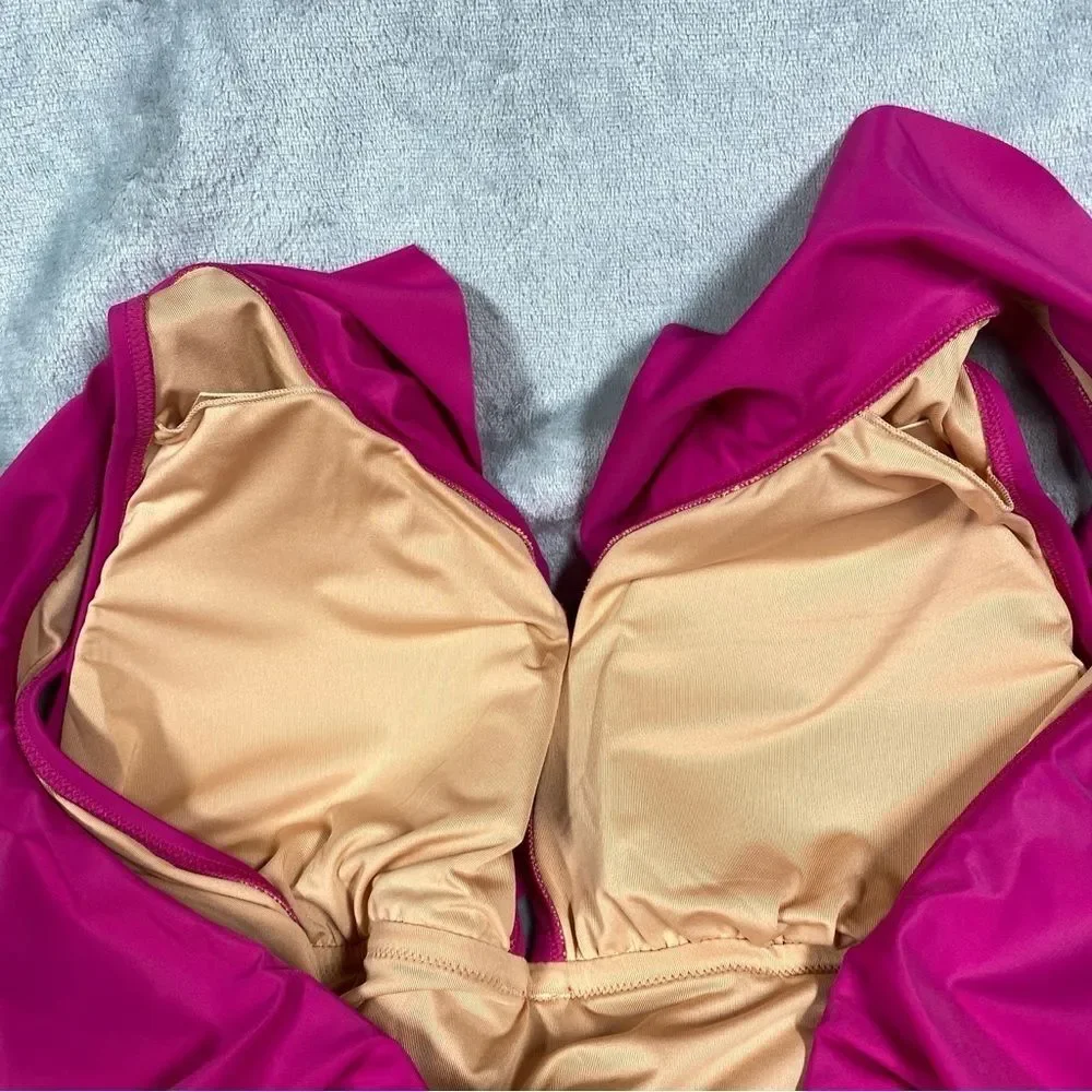 NEW J. Crew Ruched Ruffle One Piece Swimsuit Deep V Neck Size 20 Radiant Fuchsia